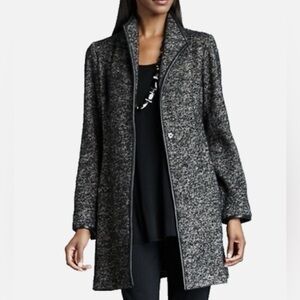 Eileen FISHER Wool Blend Leather Trim Tweed Coat tan black long blazer jacket